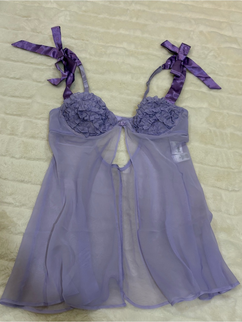 Frederick's of Hollywood Lavender Sheer Ruffle Cup Babydoll with Satin Ties
